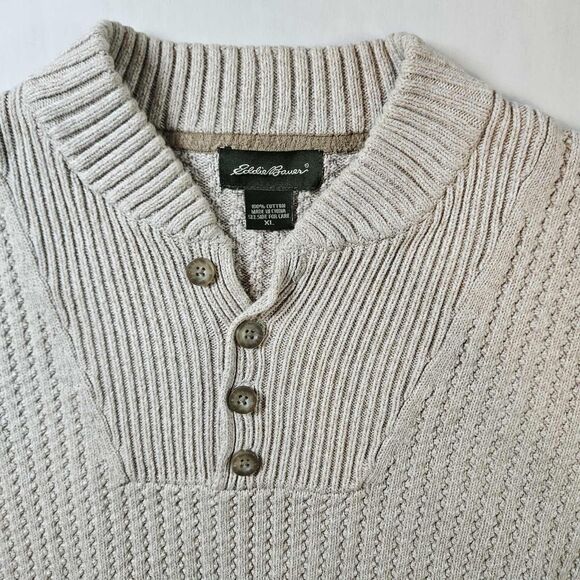 Vintage Eddie Bauer Mens XL Chunky Ribbed Knit Henley Sweater Oatmeal Brown - Picture 4 of 11